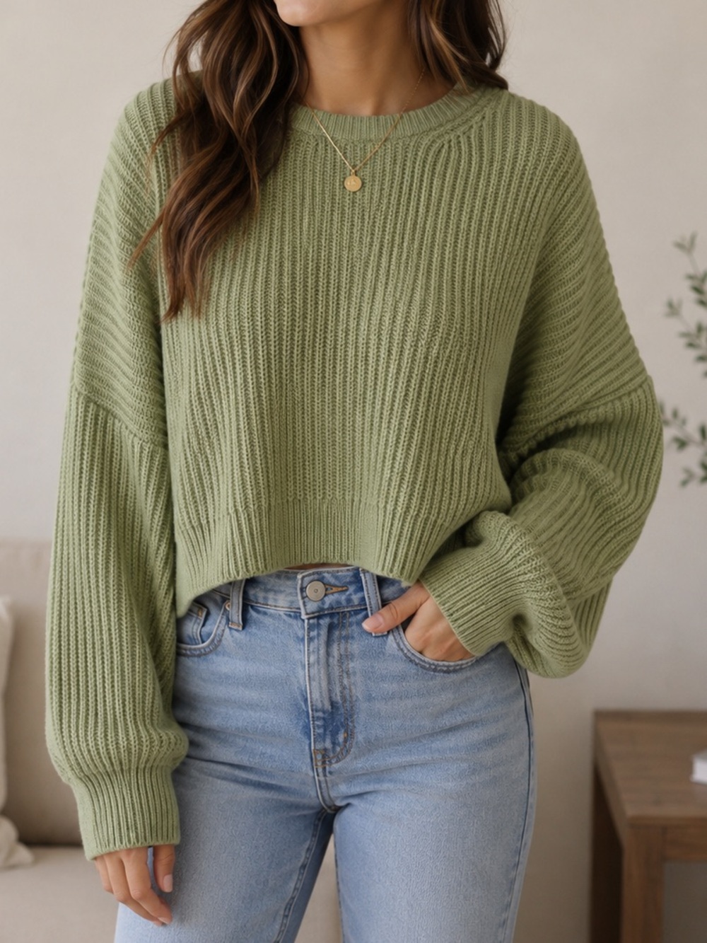 Hello Heart Sage Green Cropped Chunky Knit Sweater S/M